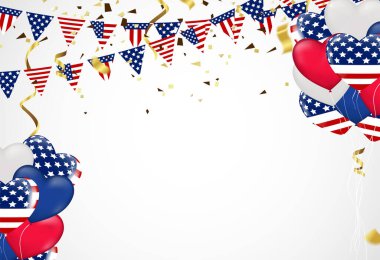 4 Temmuz Amerika Bağımsızlık Günü. Üzerinde Amerikan bayrağı ve parlak mavi balonları olan vektör şablonu. 4 Temmuz, ABD ulusal bayramı