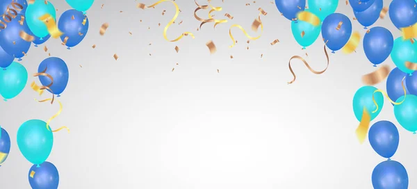 Parti balonları İyi ki doğdun. Geçmiş gösterim şablonu konfetilerle ve mesajınız için kurdelelerle dolu.