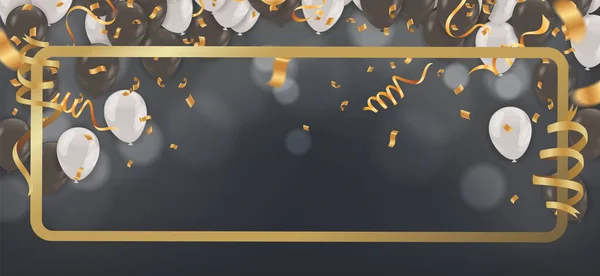 Bokeh arka planında konfeti olan folyo balonları. gerçekçi vektör illüstrasyonu 