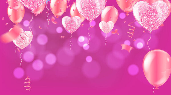 Розовый с воздушным шаром-конфетти - на день рождения, юбилей, празднование, оформление мероприятия. Векторная иллюстрация
