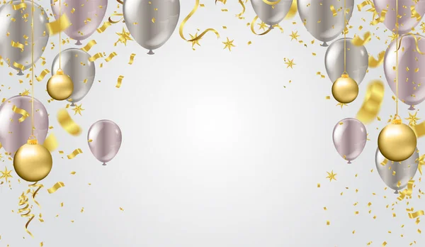 Mutlu yıllar vektör illüstrasyonu. Konfeti ve kurdeleler altın turuncu balon, konfeti, doğum günü kutlaması için tasarım şablonu. sanat