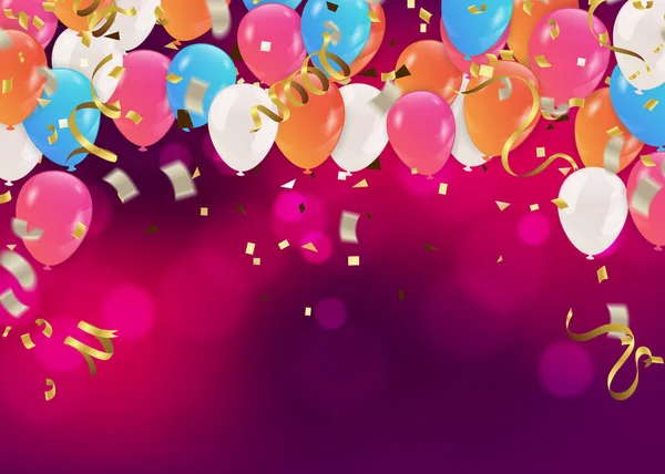 Gelukkige Verjaardag Vector Illustratie Confetti Linten Goud Oranje Ballon Confetti — Stockvector