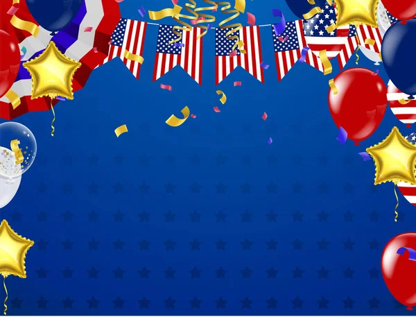 7月4日の独立記念日 青い輝く星空の背景にアメリカ国旗と色風船のベクトルテンプレート 7月4日 アメリカ国民の祝日 — ストックベクタ