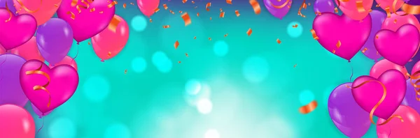 Happy holiday frame background with colorful balloon, gifts, confetti, carnival cap and streamer. Flat lay. Top view. Birthday