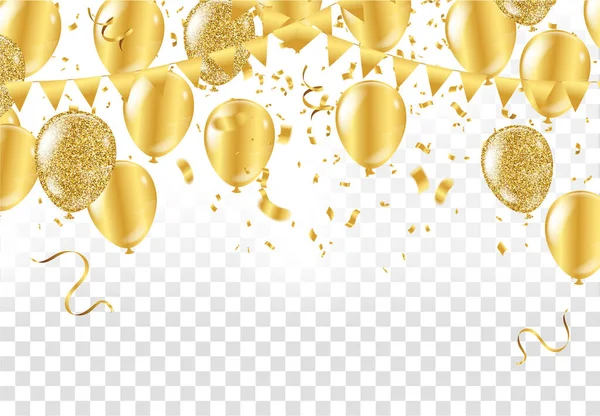 ゴールデンと様々な色の現実的な風船を飛んでストックベクトルイラストパーティー マクロエフェクトを非表示にしました プラカード バナーのテンプレート 新年のファンキーな装飾 ヒップスター季節販売 Confetti — ストックベクタ
