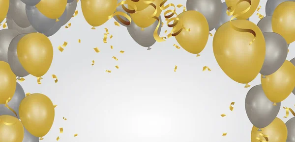 Sarı balonlar üst katta altın konfetileri ve mutlu noel duvar kağıtları ve mutlu yeni arka plan