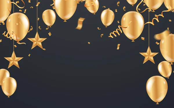 Feliz Año Nuevo Postal Banner Celebración Con Fondo Globos Oro — Vector de stock