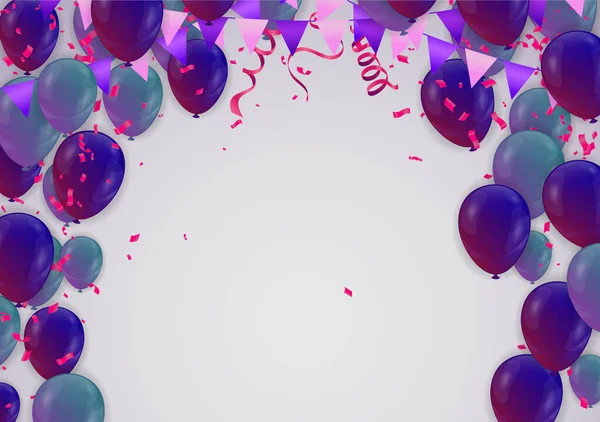 Célébration Joyeux Anniversaire Bannière Ballons Étoiles Violettes Vertes Isolées Sur — Image vectorielle