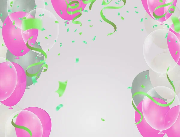 Celebration Happy Birthday Banner Balloons Estrellas Púrpuras Verdes Aisladas Fondo — Archivo Imágenes Vectoriales