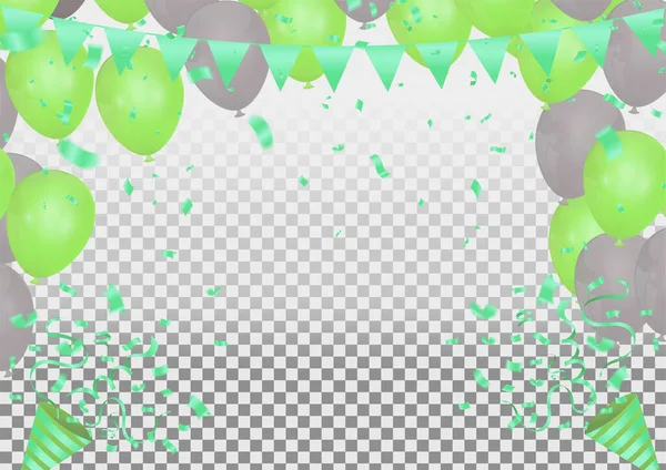 庆祝和生日快乐的旗帜和气球 紫色和绿色的星星在背景上隔离 — 图库矢量图片