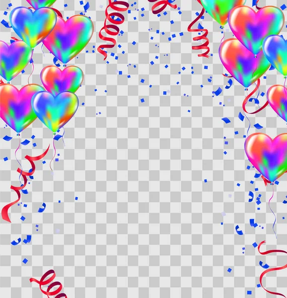 Rubans Colorés Carnaval Célébration Confettis Ballons Joyeux Anniversaire Fond Coloré — Image vectorielle