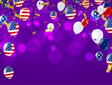 Mutlu yıllar vektör illüstrasyonu. Konfeti ve kurdeleler altın turuncu balon, konfeti, doğum günü kutlaması için tasarım şablonu. sanat