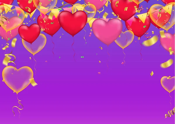 Festa Vetorial Ilustração Balões Cardíacos Confetti Fitas Bandeira Celebração Roxo — Vetor de Stock