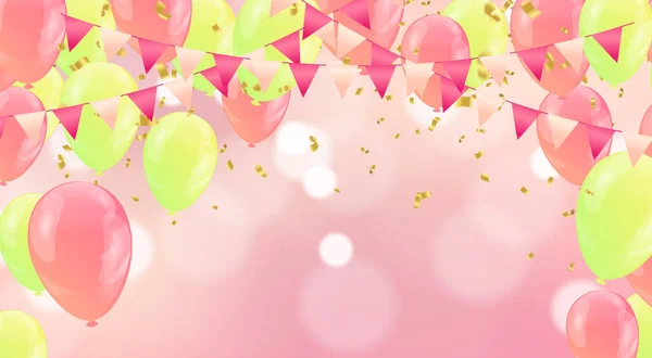 生日快乐矢量图解 五彩纸屑和彩带金黄色气球 五彩纸屑 生日庆祝模板设计 — 图库矢量图片