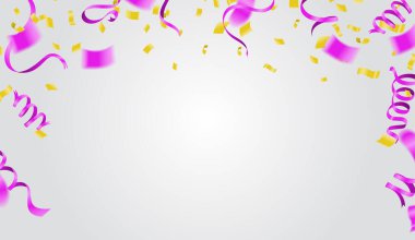 Arka planda doğum günü kartı şablonu, lüks parti balonları ve konfeti. Parti 