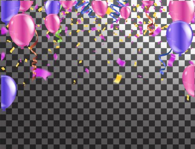 Üst katta pembe ve mor balonlar altın konfetileri ve mutlu noel duvar kağıtları ve mutlu yeni arka plan