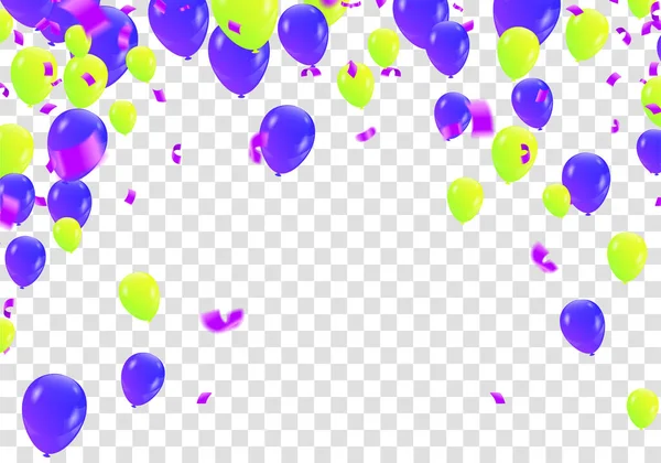紫色と様々な色の現実的な風船を飛んでストックベクトルイラストパーティー マクロエフェクトを非表示にしました プラカード バナーのテンプレート 新年のファンキーな装飾 ヒップスター季節販売 Confetti — ストックベクタ