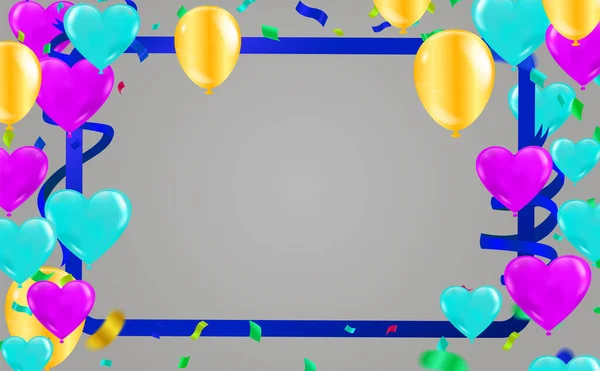 Viering Gelukkige Verjaardag Banner Ballonnen Hart Blauw Paarse Gouden Ballonnen — Stockvector