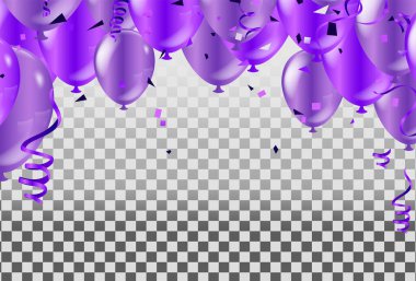 Balonlar, vektör illüstrasyonu. Konfeti ve kurdeleler, kutlama arka planı şablonu