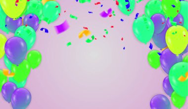 Yeşil balonları ve balonları olan şenlikli arka plan kartlar, hediyeler, davetiye satışları, web tasarımı için kullanılabilir.