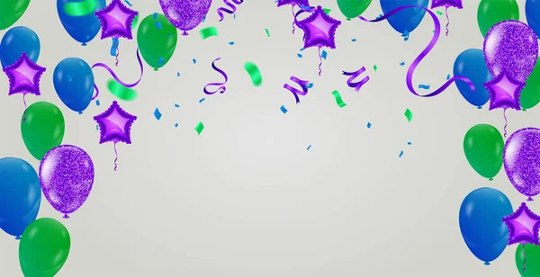 Щаслива Листівка Різнокольоровими Повітряними Кулями Блакитними Кульками Красива Барвиста Ілюстрація — стоковий вектор