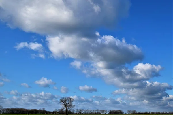 Tipikus Holland Kék Nagy Alakú Fehér Szürke Nagy Felhők Lebegnek — Stock Fotó