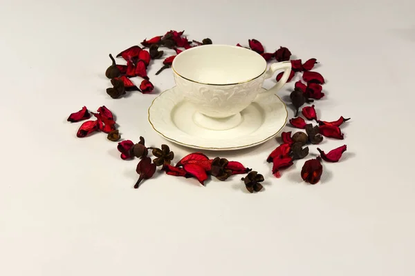 Композиція порцелянова чашка і пелюстки квітів на білому фоні — стокове фото