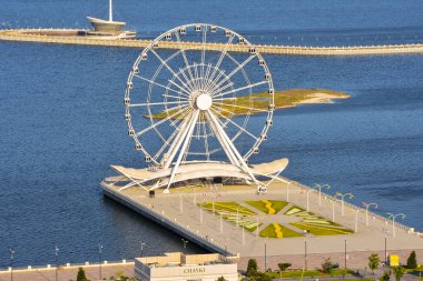 View from the observation deck in the Nagorny Park to the Caspian Sea and new Baku, azerbaijan