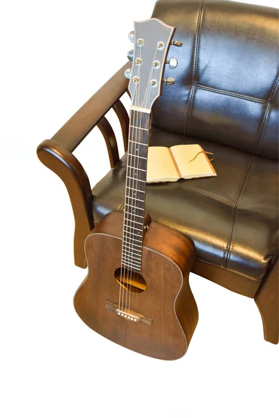 Creative Learn Play Guitar Quarantine Acoustic Guitar Armchair Isolated White — Stock Photo, Image