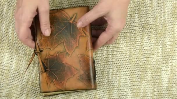 Girl Puts Vintage Notebook Table Opens Top View — Stock Video