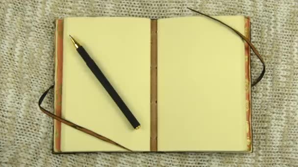 Girl Removes Pen Closes Vintage Notepad Picks Table Top View — Stock Video