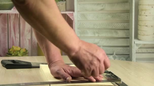 Male Hands Ruler Pencil Closeup Professional Carpenter Work — Stock Video