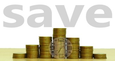 sikke yığını ve beyaz arka plan iş kavramı çalar saat