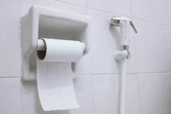 Papel higiénico borroso en el titular, Accesorios de baño —  Fotos de Stock