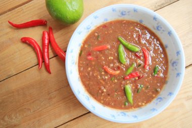 Ahşap masa kase Chili yapıştırın