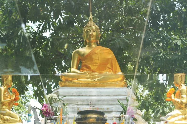 Reflexe Golden Buddha socha v tropické zahradě — Stock fotografie