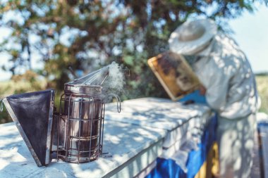 Ahşap arı kovanlarının orada bir arı yetiştiricisi var. Apiculture kavramı.
