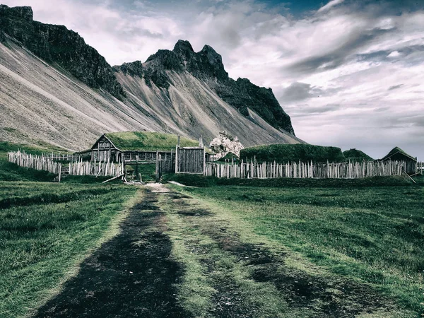 Iceland Viking village behind a mountain