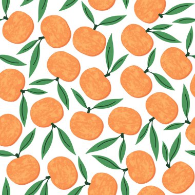 Beyaz arkaplanda izole edilmiş biçimlendirilmiş mandalinalar ile vektör yineleyen doku. Soyut, pürüzsüz desen. Meyve ürünü, sağlıklı yiyecekler. Kartlar, arka planlar, posterler, tekstil için sebze baskısı.