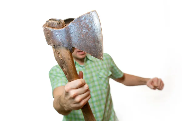 A man swinging an ax on a white background — Stock Photo, Image