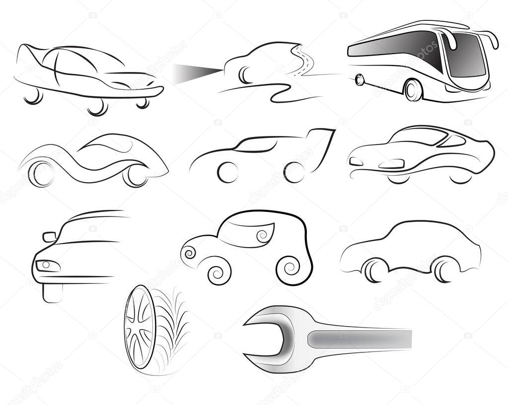 Set of silhouettes of cars and bus on a white background