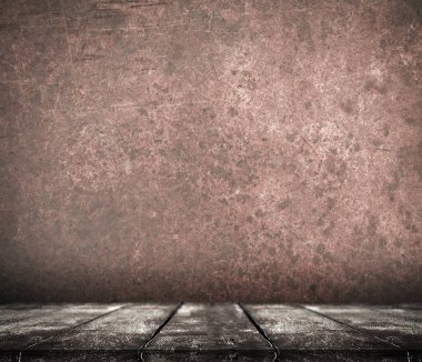 Ahşap masa üstü boş rustik metal duvar arka plan ile