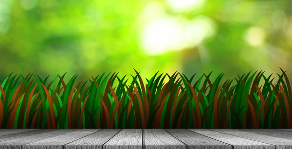Soft white wooden plank under grass with fresh green bokeh