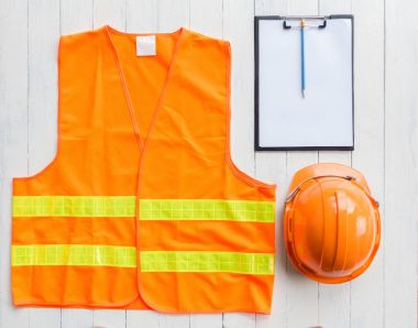 Kağıt ve kalem ile turuncu yelek zor şapka 