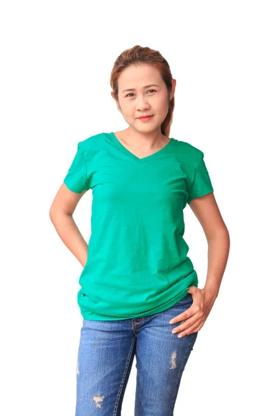 Woman with shirt and jeans smile — Stock Photo, Image