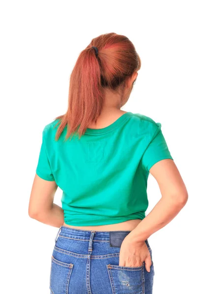 Parte posterior de la mujer asiática con camisa verde y jeans — Foto de Stock