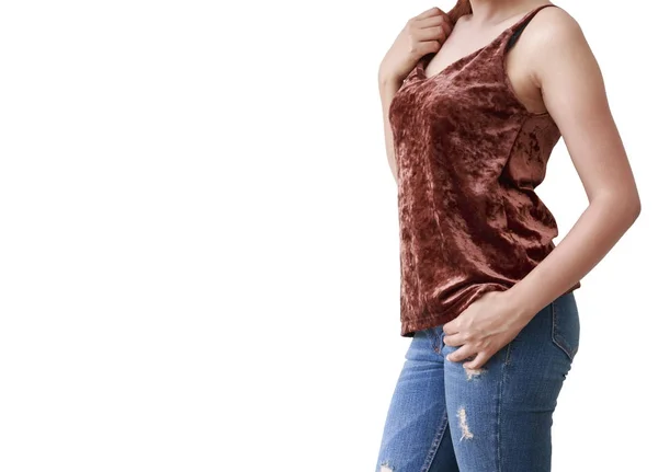 Mulher corpo bonito com camisas castanhas e jeans azuis — Fotografia de Stock