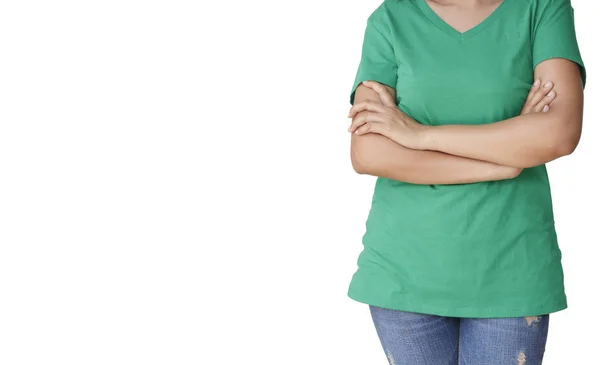 Schöne Frau mit grünem T-Shirt und blauer Jeans — Stockfoto