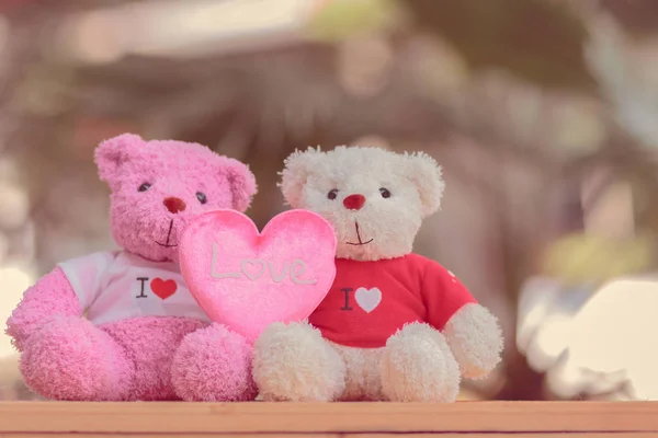 Close up two bears doll sitting together, Valentine\'s day and love concept