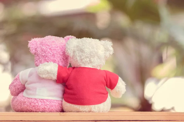 Close Two Bears Doll Sitting Together Valentine Day Love Concept — стоковое фото